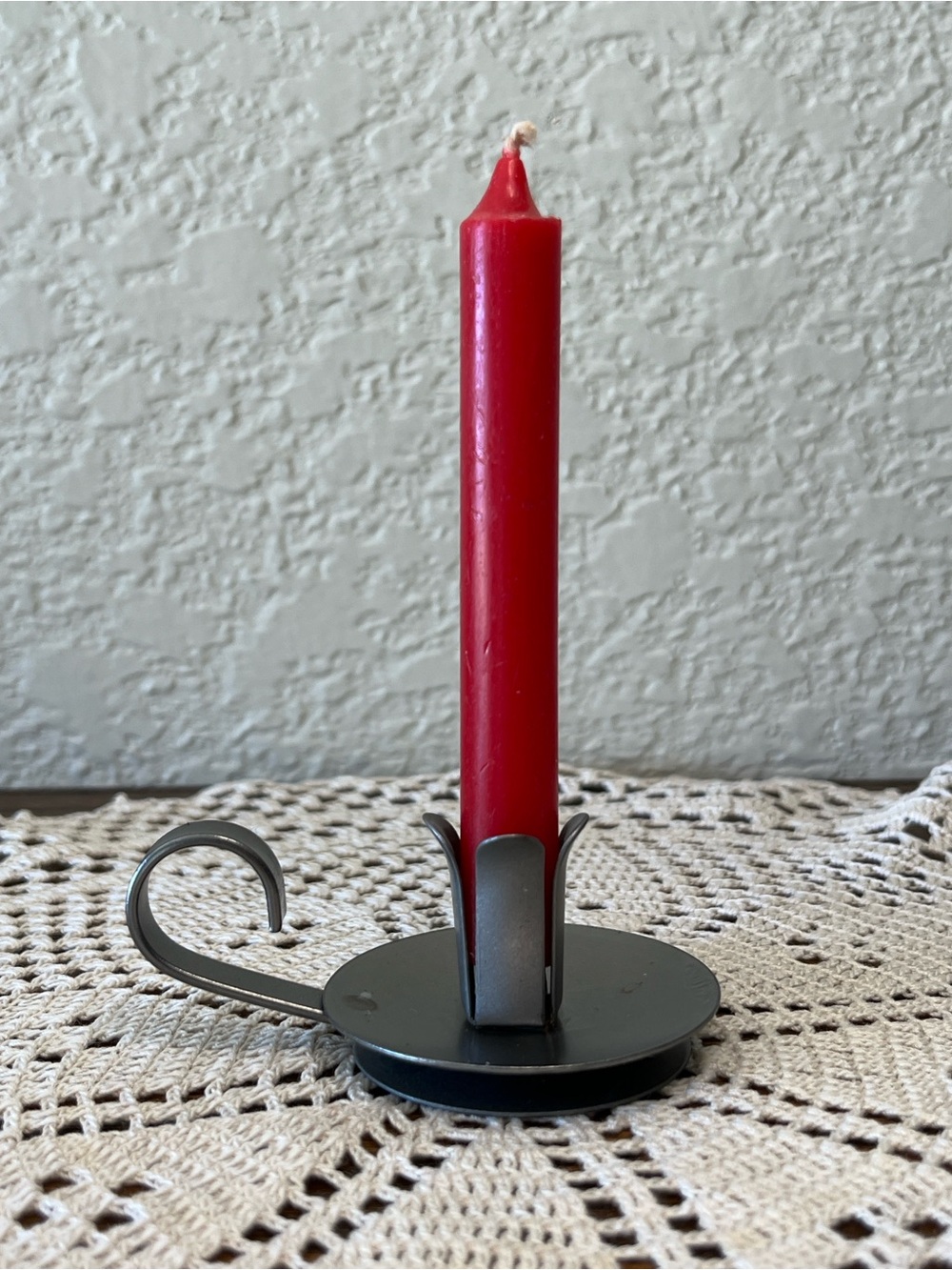 Vintage Taper Candle Holder – Black Metal Rustic Primitive, red Candle Stick